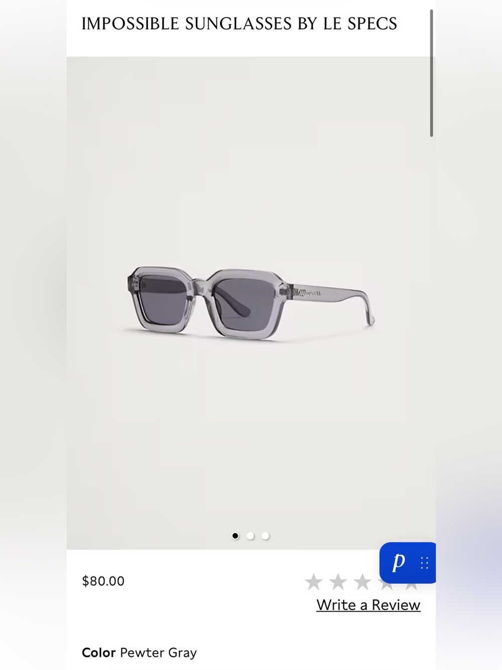 Le Specs Pewter Gray Transparent Square Sunglasses